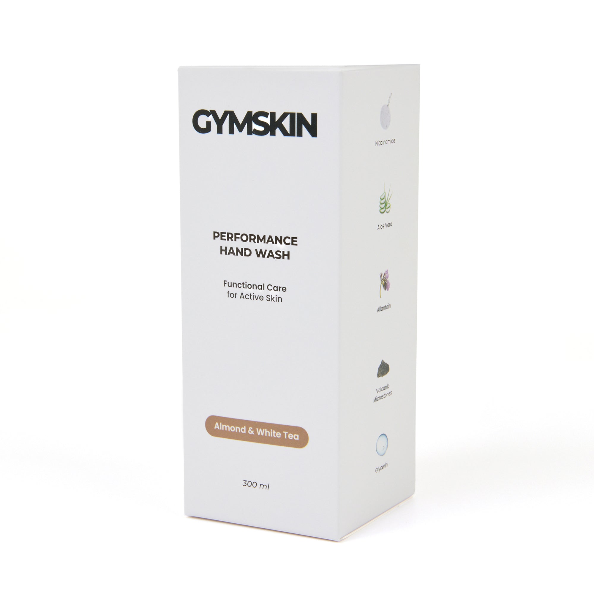 GYMSKIN Performance Hand Wash packaging box, ingredient icons